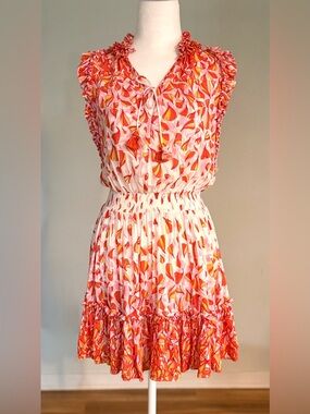 Poupette St. Barth Smock Waist Ruffle MiniDress, Orange Pink Yellow, Size XS